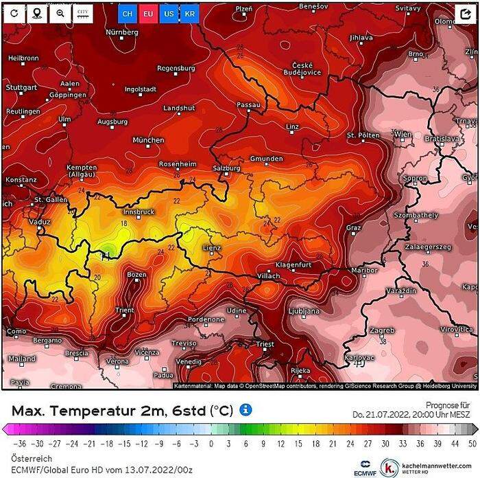 Prognosemodell für nächste Woche Donnerstag - große Hitze im Osten, aber schon Abkühlung im Großteil Österreichs