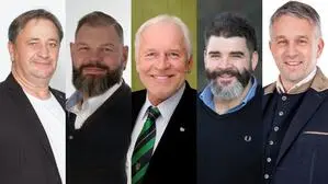 Die Spitzenkandidaten in Ehrenhausen an der Weinstraße: Erich Scharmann (Bürgerliste) Michael Korb (FPÖ), Johannes Zweytick (ÖVP), Moritz Fiala (Grüne) und Franz Lappi (SPÖ, v.l.n.r.)