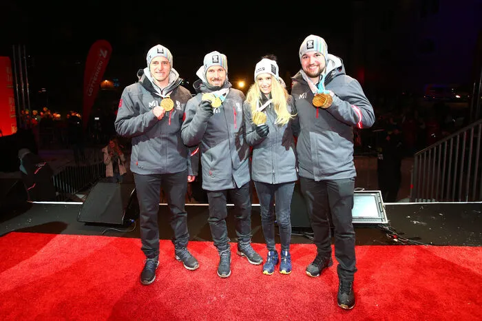 Insgesamt fünf "Goldene" haben Matthias Mayer, Hirscher, Gasser und David Gleirscher (von links) aus Pyeongchang mitgebracht.