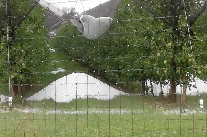 Rund um Hagelnetze (im Bild: Apfelanlage in Gersdorf an der Feistritz) sammelten sich zum Teil meterhoch die Hagelkörner.