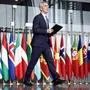 Secretary General of NATO Jens Stoltenberg arrives to give a statement ahead of a NATO foreign ministers' meeting at NATO headquarters in Brussel on April 3, 2024. The NATO military alliance on April 4, 2024, marks the 75th anniversary of the signing of its founding treaty in Washington. (Photo by Kenzo TRIBOUILLARD / AFP)