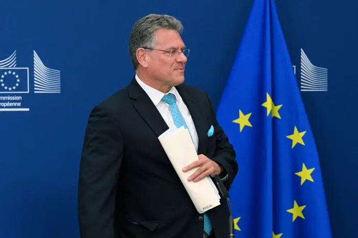 EU Commissioner for Trade and Economic Security, Interinstitutional relations and Transparency Maros Sefcovic leaves after a press conference on a post-Brexit deal with Spain and Gibraltar at the EU headquarters in Brussels on June 11, 2025. (Photo by Nicolas TUCAT / AFP)
