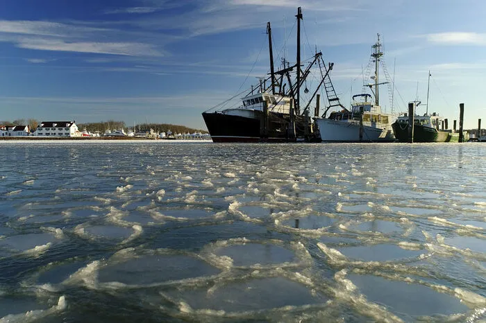 Eis im Hafen von Montauk, N.Y.