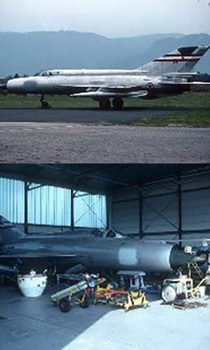 Die MiG-21R am Rollfeld in Klagenfurt und im Hubschrauberhangar