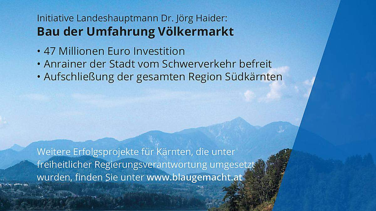 &quot;Blau gemacht.&quot; Unter diesem Motto zählt die FPÖ Leistungen aus der Haider-Ära auf