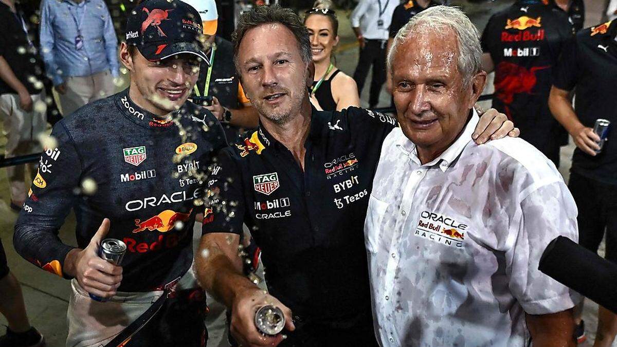 Max Verstappen, Christian Horner und Helmut Marko