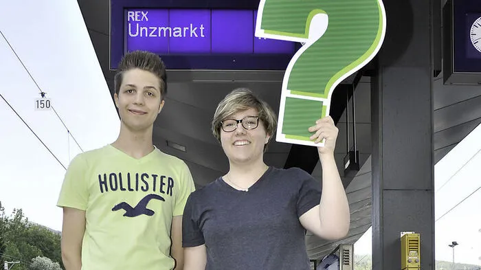 Fiona Sinz und Georg Schröttner von den Jungen Grünen bei der Aktion am Bahnhof Leoben