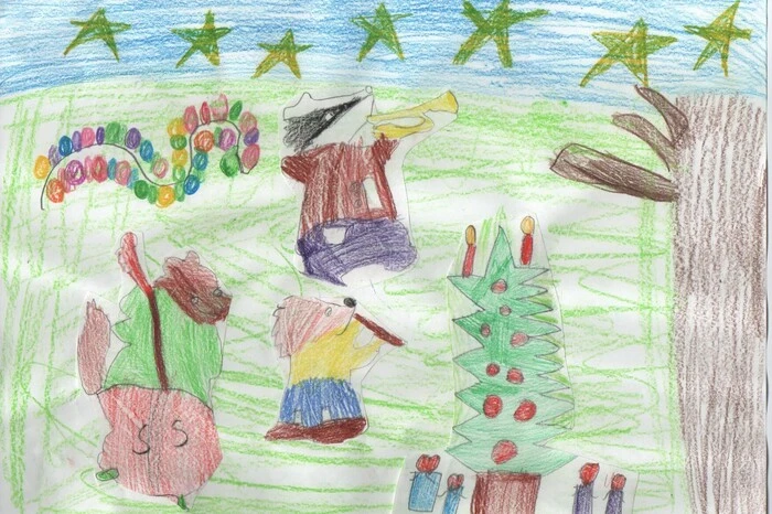 Auf der Zeichnung von Lara Riedl (8 Jahre) aus Wolfsberg feiern die Waldtiere ihr Weihnachtsfest. Fuchs, Dachs und Igel musizieren im Wald. Am Himmel erstrahlen viele Sterne. Auch am Heiligen Abend der Tiere dürfen ein Christbaum und die Geschenke nicht fehlen. Was in den Päckchen verborgen ist, hat Lara aber nicht verraten.