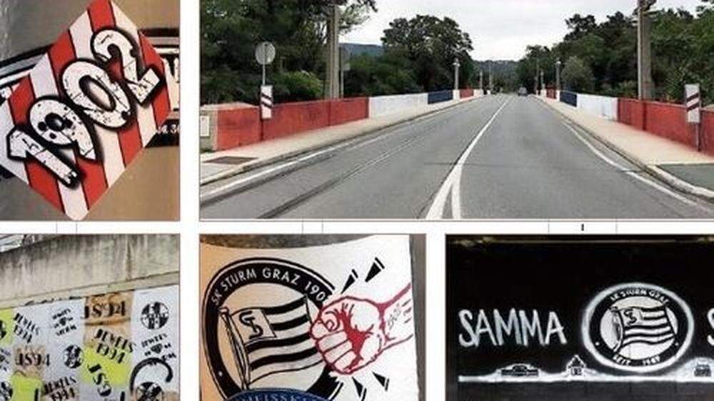 Die Weinzödl-Brücke und Graffitis von Sturm- und GAK-Anhängern in Graz