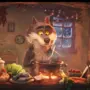 Animierter Wolf in einem Werbespot von Intermarché. Er rührt gerade in einem Kochtopf, der über offenem Feuer steht. Daneben liegt Gemüse am Tisch. | Der Wolf im Intermarché-Werbespot lernt vegetarische Gerichte zu kochen