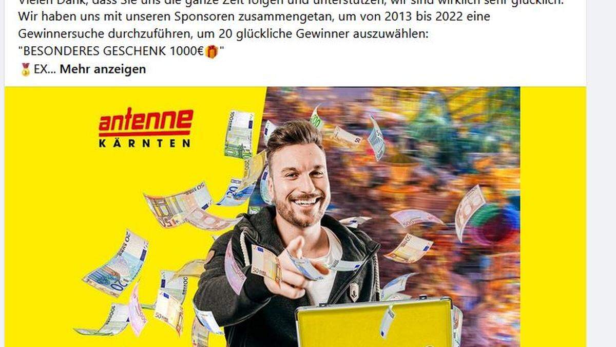 Die Antenne Kärnten warnt vor diesem gefälschten Gewinnspiel, das jetzt auch über ein Fake-Profil von Marco Tscharnig verbreitet wird
