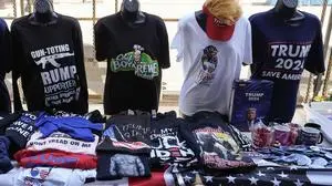 Merchandise is seen during the third day of the 2024 Republican National Convention near the Fiserv Forum, Wednesday, July 17, 2024, in Milwaukee. (AP Photo/Alex Brandon)