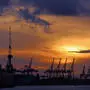 News Bilder des Tages Containerbrücken im Hamburger Hafen heben sich vor dem Sonnenuntergang ab. *** Container gantry cranes in the port of Hamburg lift off before the sunset