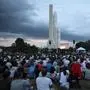 Attendees take part in a public screening projection of the takeoff of the Ariane 6 rocket at the Cite de l'Espace, in Toulouse, south-western France, on July 9, 2024. The Ariane 6 rocket took off on July 9 from its Kourou launch pad, in Guyana, for its inaugural launch intended to qualify in flight the new launcher which should ensure Europe's autonomous access to space, noted a journalist of the AFP. (Photo by Valentine CHAPUIS / AFP)