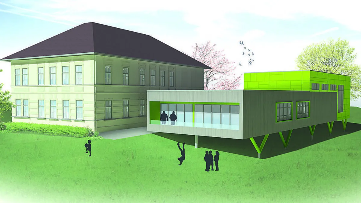 So wird sich der Zubau zur Volksschule präsentieren, der derzeit noch in Bau ist