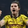 Dortmund's Austrian midfielder #20 Marcel Sabitzer celebrates Dortmund's victory at the end of their UEFA Champions League semi-final second leg football match against Paris Saint-Germain (PSG) at the Parc des Princes stadium in Paris on May 7, 2024. (Photo by Anne-Christine POUJOULAT / AFP)