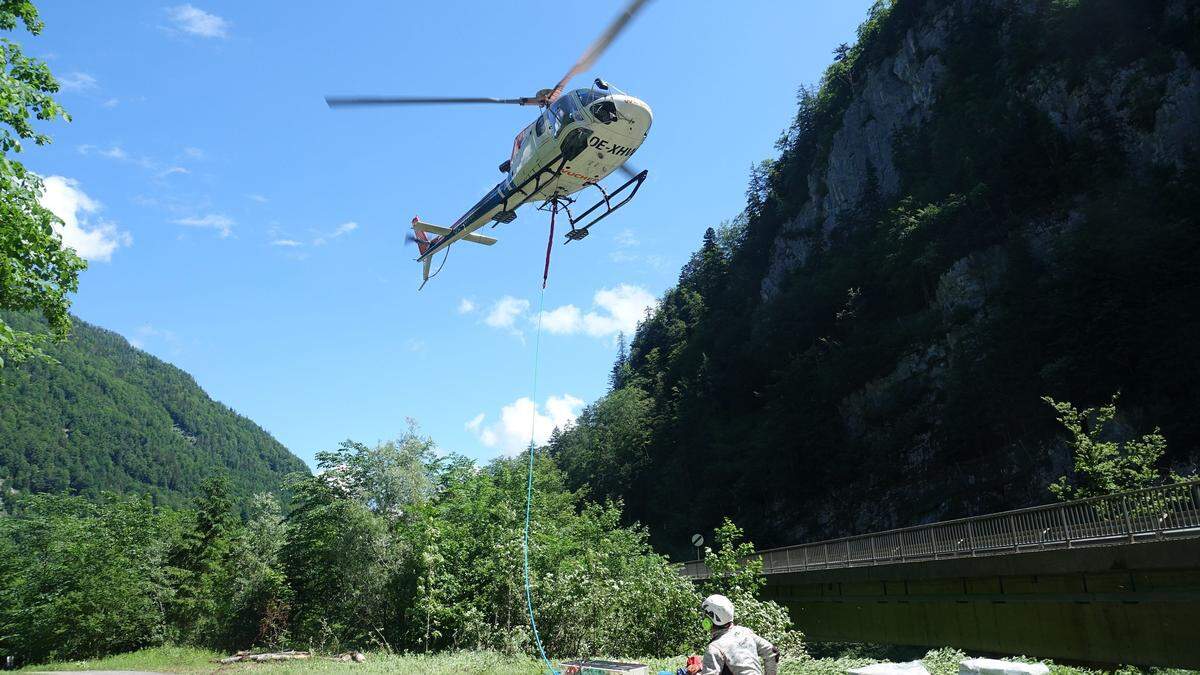 Hubschrauber müssen Bäume aus- und Material einfliegen