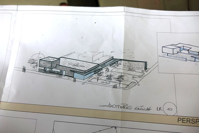 Die Skizze Nr. 10 von Architekt Helmut Perner - er setzt die Apotheke und die Außengestaltung um, der Bio-Supermarkt wird nicht von ihm geplant.
