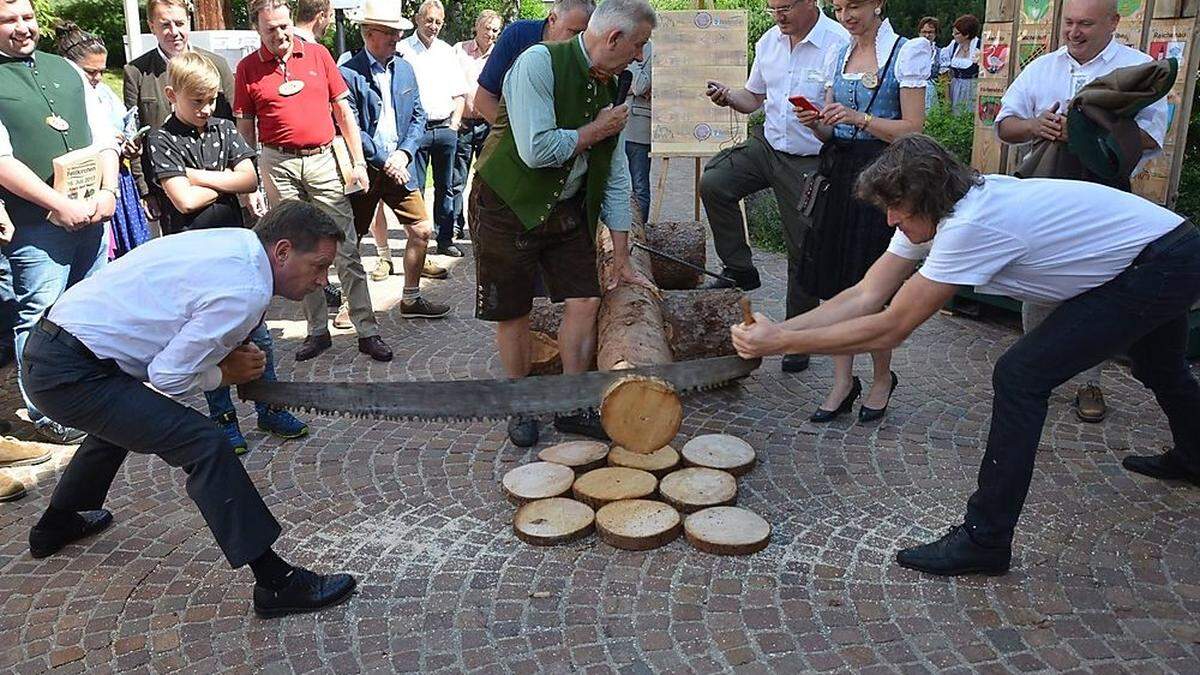 Symbolträchtiges Sägen: Christian Benger (ÖVP) und Michael Johann (Grüne) 