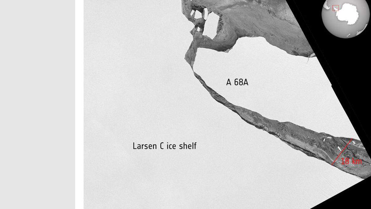 Satellitenbilder der europäischen Raumfahrtagentur ESA vom 16. September zeigen, dass eine 18 Kilometer große Lücke zwischen dem Eisberg und dem Larsen-C-Schelfeis entstanden ist.