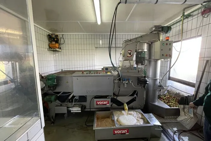In der Pressmaschine wird dann der Apfel zum Apfelsaft.