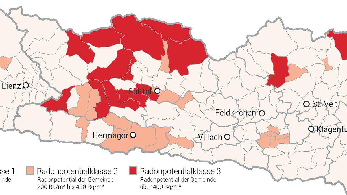 Die Radonpotenzialkarte zeigt die Gefährdungsgebiete auf