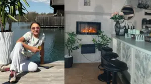 Montage: linkes Bild zeigt eine Frau sitzend auf einem Steg am See mit Sektglas und Sonnenbrille, rechtes Bild eine Bar  | Kinga Schmal gewährt erste Einblicke in ihr neues Lokal 