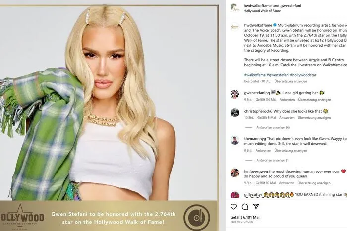 Die US-Sängerin Gwen Stefani (54), soll in Hollywood mit einer Sternenplakette geehrt werden. Der 2764. Stern auf dem "Walk of Fame" werde am 19. Oktober enthüllt. Unter den eingeladenen Gastrednern ist Stefanis Ehemann Blake Shelton (47). Die frühere No-Doubt-Frontfrau Stefani und der Country-Sänger hatten sich als Coaches bei der US-Castingshow "The Voice" kennengelernt, 2021 heirateten sie auf Sheltons Anwesen im US-Staat Oklahoma.