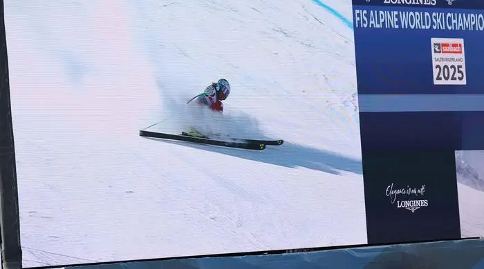 SAALBACH,AUSTRIA,06.FEB.25 - ALPINE SKIING - FIS Alpine World Ski Championships Saalbach 2025, Super G, ladies. Image shows Ricarda Haaser (AUT) on a screen.
Photo: GEPA pictures/ Hans Oberlaender