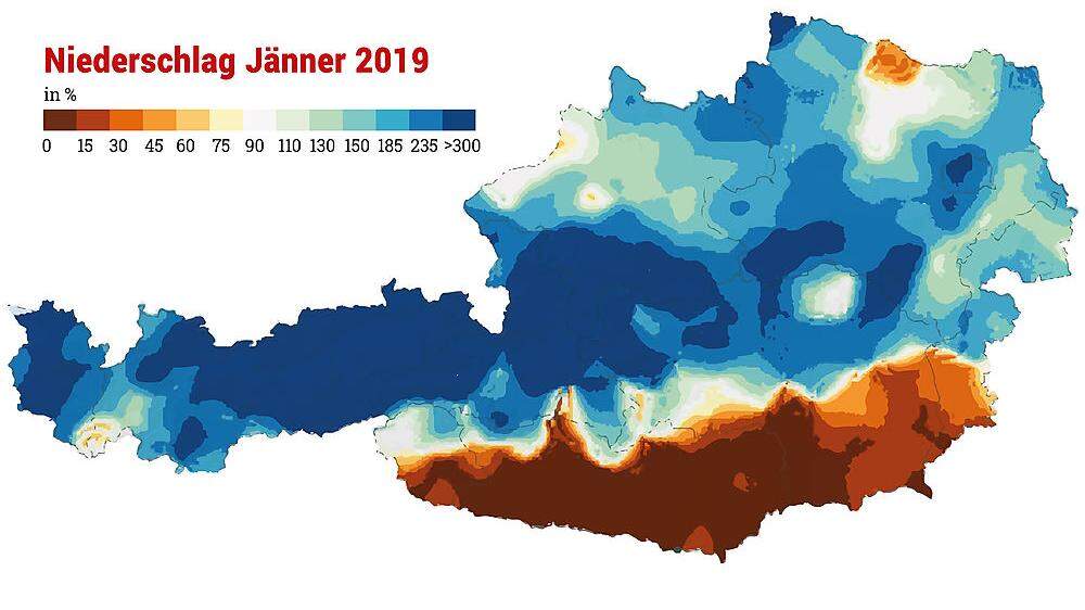 Wetterkarte der Extreme: Im Jänner regnete und schneite es im Norden und Westen des Landes überdurchschnittlich viel, in Kärnten fast gar nicht