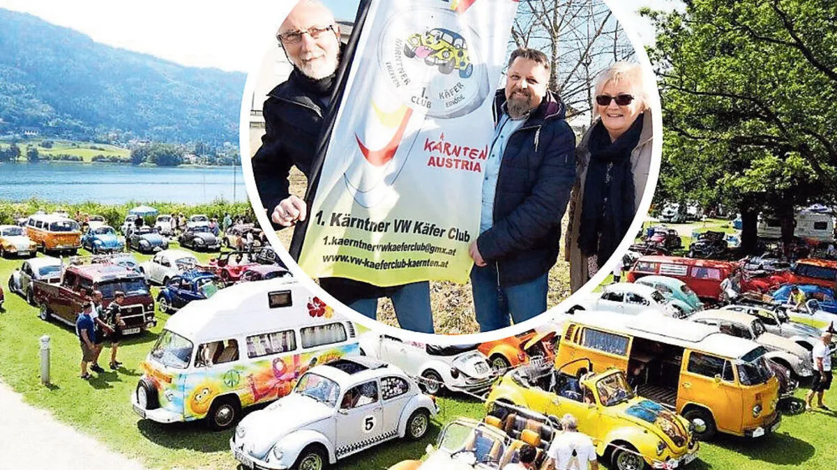 Bis zu 500 Käferfans und 250 Wägen tummelten sich in den letzten Jahren am Ossiacher See; Manfred Dossi (oben Mitte) übernimmt nun die Organisation von Johann und Susanne Posratschnig 