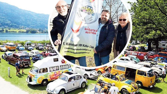 Bis zu 500 Käferfans und 250 Wägen tummelten sich in den letzten Jahren am Ossiacher See; Manfred Dossi (oben Mitte) übernimmt nun die Organisation von Johann und Susanne Posratschnig