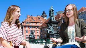 Die Gemeinderätinnen Anna Robosch (SPÖ) und Anna Hopper (ÖVP) tragen für ihre Parteien den Konflikt um die Regenbogenstiege beim Erzherzog-Johann-Brunnen aus