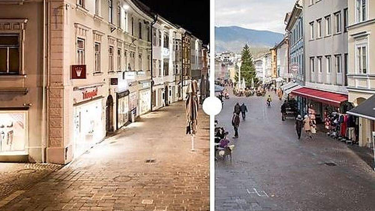 Sieben Stunden liegen zwischen diesen beiden Aufnahmen vom Villacher Hauptplatz