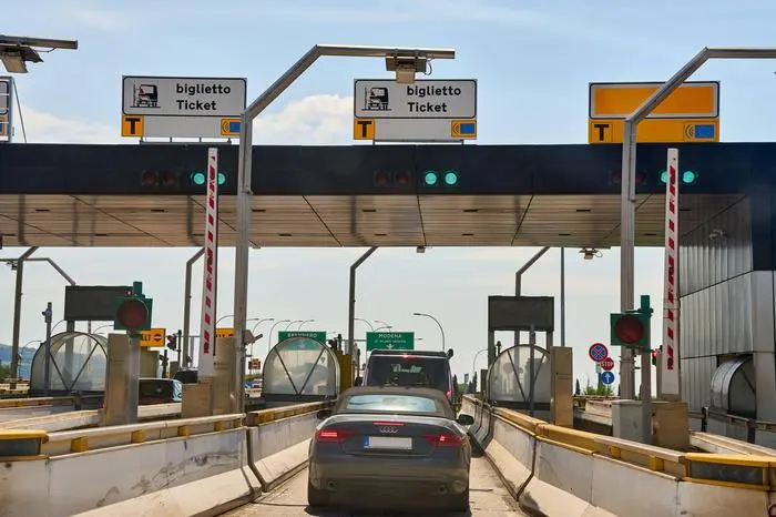 Italy - 11 May 2024: Toll station on the highway in Italy. Tolls on Italian highways *** Mautstation auf der Autobahn in Italien. Mautgebühren auf italienischen Schnellstraßen