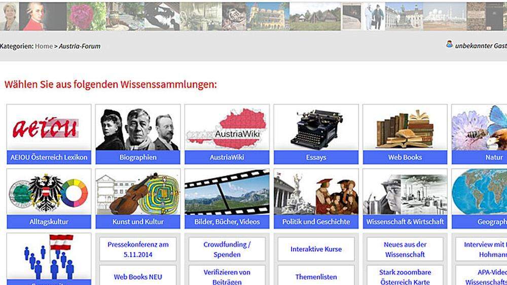 Die Startseite der kostenlosen Internet-Enzyklopädie "Austria-Forum"