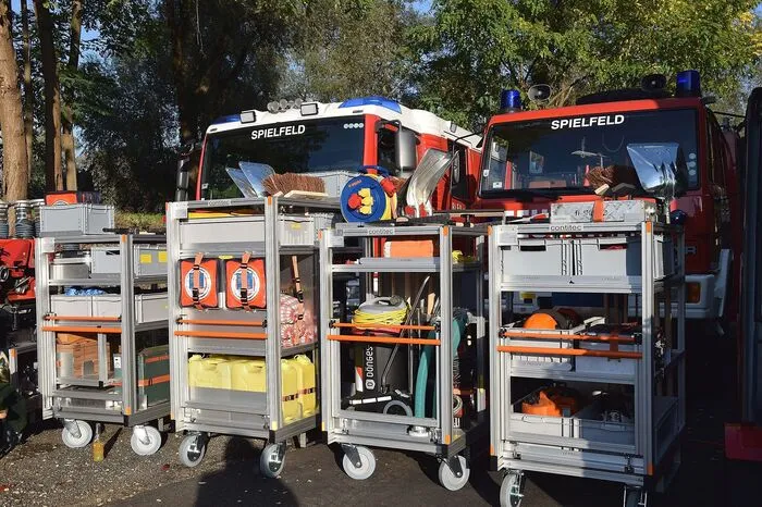 Sieben Rollcontainer birgt das neue Fahrzeug - die Ausrüstung ist sowohl für die Brandbekämpfung als auch für Unfälle mit Chemikalien gedacht.