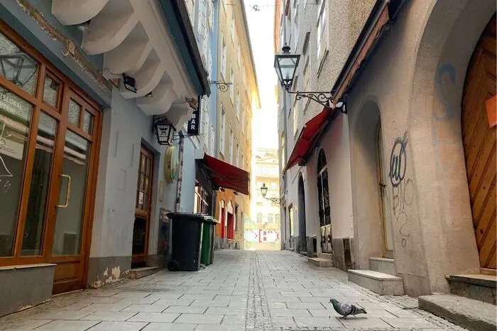 Vom Eisernen Tor über Herren- und Schmiedgasse sowie den Franziskanerplatz war das Pflaster taubenfrei. Erst in der Franziskaner Gasse haben wir den ersten Vogel am Pflaster angetroffen.