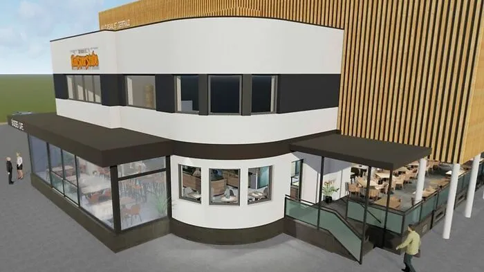 So soll die "Knusperstube" nach dem Neubau aussehen. Dahinter ist schemenhaft der angebaute Kultursaal dargestellt