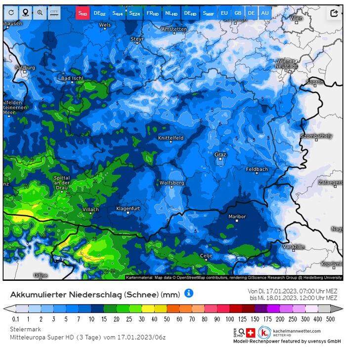 Das kleinflächige Schweizer Wettermodell rechnet mit Schnee auch in der Südoststeiermark