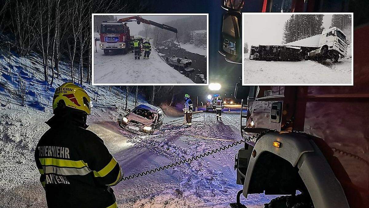 Großes Bild: Unfall in Mautern Kleines Bild links: Auto im Rantenbach Kleines Bild rechts: Lkw kippte auf B320 um