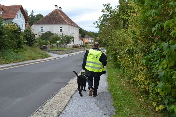Im Dienst, mit dem Geschirr samt Führbügel auf ihrem Rücken und der Leine um den Hals, sind die Hunde hochkonzentriert und weichen ihren Herrchen und Frauchen nicht von der Seite.