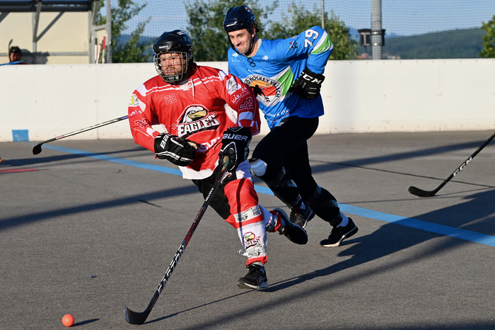 #22 Zwattendorfer Florian, #79 Zankl Benjamin, ASKÖ Ballhockey Villach vs. HSC Eagles Poggersdorf, ASKÖ Ballhockey Villach vs. HSC Eagles Poggersdorf am 05.07.2024 in Villach (Alpen Arena ), Austria, (Photo by Bernd Stefan)