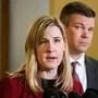 May 13, 2019 - Minnesota, USA - House Speaker Melissa Hortman and Majority Leader Ryan Winkler came out of the Governor s office to respond to the Republicans new budget offer. GLEN STUBBE â€¢ glen.stubbe@startribune.com Monday, May 13, 2019 ..Tracking new developments in stalled state budget negotiations between Gov. Tim Walz and Senate GOP leaders . USA PUBLICATIONxINxGERxSUIxAUTxONLY - ZUMAm42_ 20190513_zaf_m42_017 Copyright: xGlenxStubbex  