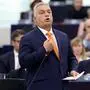 Hungary's Prime Minister Viktor Orban delivers a speech at the end of the presentation of the programme for Hungary's six-month Council Presidency, as part of a plenary session at the European Parliament in Strasbourg, eastern France, on October 9, 2024. (Photo by FREDERICK FLORIN / AFP)