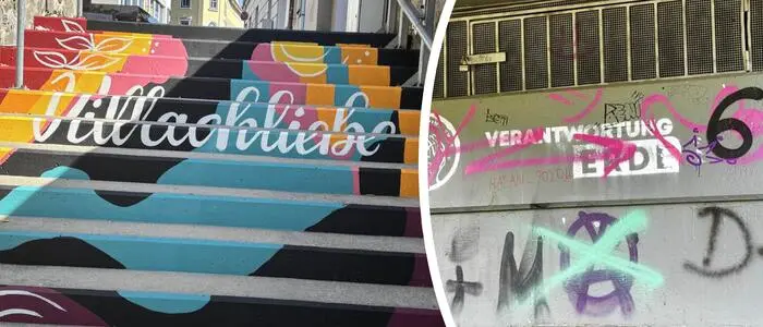 Zwei Bilder als Montage nebeneinander: eine bunte Stiege mit der Aufschrift „villachliebe“, daneben ein weiteres Bild mit Graffitis unter einer Bürcke und dem Schriftzug „Verantwortung Erde“