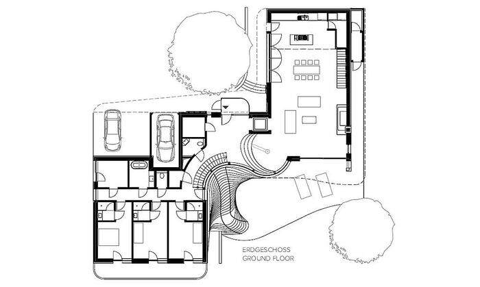 Grundriss Erdgeschoß - offener Wohnbereich für alle auf der einen Seite, Kinderzimmer auf der anderen.