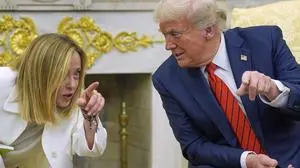 President Donald Trump meets with Italy's Prime Minister Giorgia Meloni in the Oval Office of the White House, Thursday, April 17, 2025, in Washington. (AP Photo/Alex Brandon)
