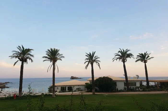 Hinter den Palmen verbirgt sich eine kleines Strand-Restaurant.
