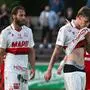 DORNBIRN,AUSTRIA,25.JUL.25 - SOCCER - UNIQA OEFB Cup, FC Dornbirn vs Grazer AK 1902. Image shows the disappointment of Daniel Maderner and Tio Cipot (GAK).
Photo: GEPA pictures/ Oliver Lerch